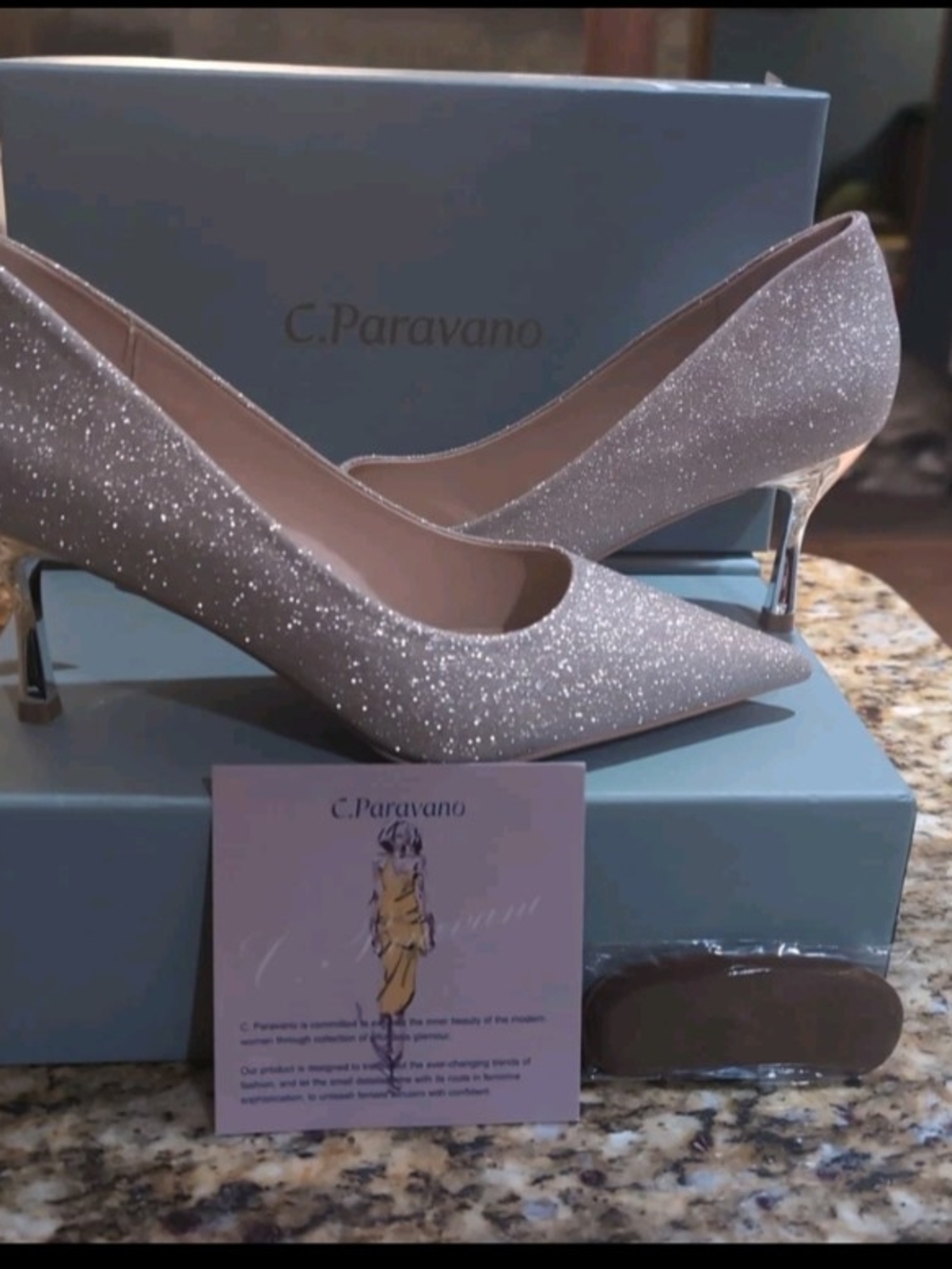 C. Paravano Gold Glitter Pointed-Toe Kitten Heels